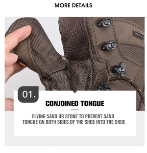 Les "HUMTTO - 230914A" sont des bottines d'alpinisme pour homme avec semelle grise, œillets métalliques, cuir véritable et logo "HUMTTO" orange, offrant une protection 100% imperméable pour la randonnée.