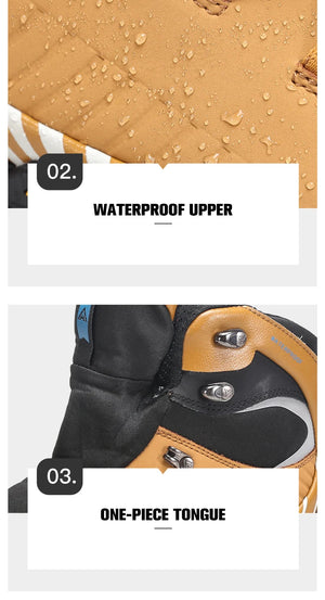 Bottines d'expédition pour homme Humtto "HT-240662A" noires et bleues, 100% imperméables, semelle renforcée et antidérapante. L'encart montre l'eau qui s'écoule. Idéales pour aventures outdoor, gardent vos pieds au sec et stables.