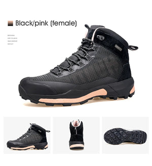 La chaussure de randonnée pour femmes Humtto "HUMTTO - HT-230078B" présente une tige en maille violette et rose, des lacets, un support pour la cheville, une semelle texturée et une protection contre les éclaboussures, le tout sur fond blanc.