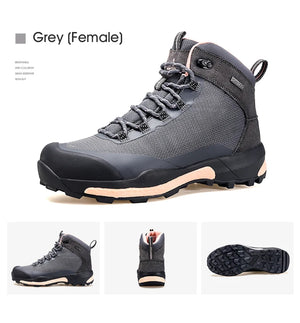 La chaussure de randonnée pour femmes Humtto "HUMTTO - HT-230078B" présente une tige en maille violette et rose, des lacets, un support pour la cheville, une semelle texturée et une protection contre les éclaboussures, le tout sur fond blanc.