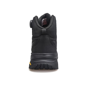 La HUMTTO - HT-240217C est une chaussure de randonnée mid-top noire pour homme avec cuir de vache durable, doublure polaire, technologie Static Waterproof, semelle épaisse, côtés texturés et système de laçage à molette, présentée sur un fond blanc.