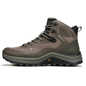 Les HUMTTO - HT-250460A chaussures de randonnée mid-top pour homme offrent une technologie Static Waterproof, avec tige mesh et synthétique, semelle robuste - bottines alpinisme marron/vert conçues pour confort et durabilité sur tous les sentiers.