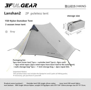 Tente de bivouac ultra-légère pour 2 personnes à double-parois 1,2kg "3F UL GEAR - Lanshan 2" 3F UL GEAR