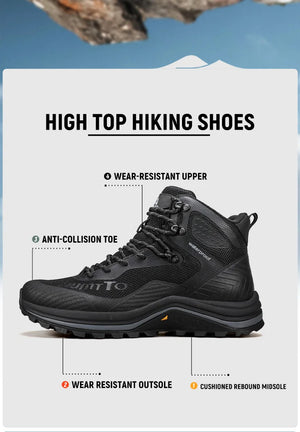 Les chaussures de randonnée Humtto "HT-250460B" pour femmes sont dotées de la technologie Static Waterproof, d'un design gris/rose, d'une semelle robuste, d'un lacet à l'avant et d'un support pour la cheville. Imperméables et respirantes. Affichées sur un fond blanc.