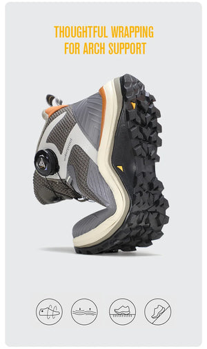 Gris et orange Humtto HT-260587E mid-top bottines alpinisme avec protection Splash-proof, semelle crantée et molette latérale de serrage, présentées sur fond blanc avec logo Humtto. Idéales comme chaussures hydrophobes pour enfants aventuriers.