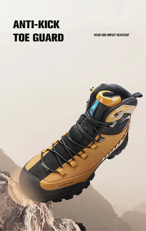 Bottines d'expédition pour homme Humtto "HT-240662A" noires et bleues, 100% imperméables, semelle renforcée et antidérapante. L'encart montre l'eau qui s'écoule. Idéales pour aventures outdoor, gardent vos pieds au sec et stables.