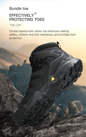 A single Humtto Chaussure de randonnée high-top "HT-250290A", vert et noir, en cuir véritable, avec lacets noirs et semelle antidérapante splash-proof, est présentée en vue latérale.