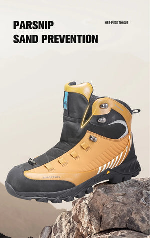 Bottines d'expédition pour homme Humtto "HT-240662A" noires et bleues, 100% imperméables, semelle renforcée et antidérapante. L'encart montre l'eau qui s'écoule. Idéales pour aventures outdoor, gardent vos pieds au sec et stables.