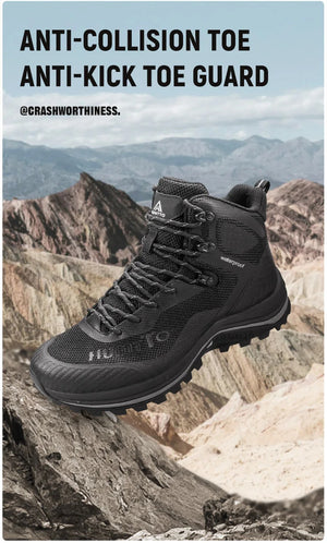 Les chaussures de randonnée Humtto "HT-250460B" pour femmes sont dotées de la technologie Static Waterproof, d'un design gris/rose, d'une semelle robuste, d'un lacet à l'avant et d'un support pour la cheville. Imperméables et respirantes. Affichées sur un fond blanc.