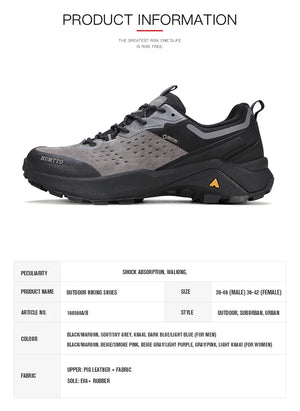 Chaussures de randonnée / trail low-top pour femme "HUMTTO - HT-160560B" grises et blanches en cuir véritable, semelle noire, accents roses, logo Humtto sur le côté et le dessus-idéales pour la randonnée.