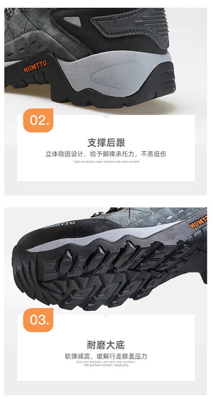 La Humtto Chaussures de randonnée mid-top "HT-210696B" pour femmes présente un design beige et vert, une semelle robuste, des œillets métalliques, un talon renforcé et une protection contre les éclaboussures, vue de côté.