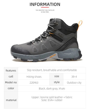 Les chaussures de randonnée montantes pour hommes Humtto "HUMTTO - HT-220463A" sont dotées d'une tige résistante aux éclaboussures et d'une semelle robuste avec des accents orange, soulignant leur design et leur protection imperméable.