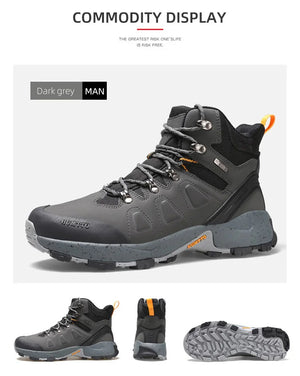 Les chaussures de randonnée montantes pour hommes Humtto "HUMTTO - HT-220463A" sont dotées d'une tige résistante aux éclaboussures et d'une semelle robuste avec des accents orange, soulignant leur design et leur protection imperméable.