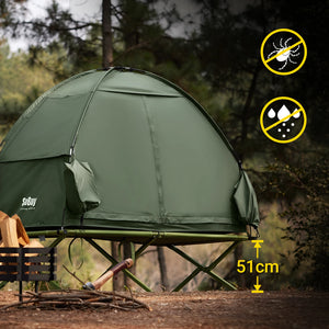 Le SoBuy Lit de camp hybride avec tente 3 en 1 pour 1 personne "OGS32-II" comprend une tente en polyester vert, des pieds en aluminium, une fenêtre latérale, une moustiquaire et une pochette de rangement.
