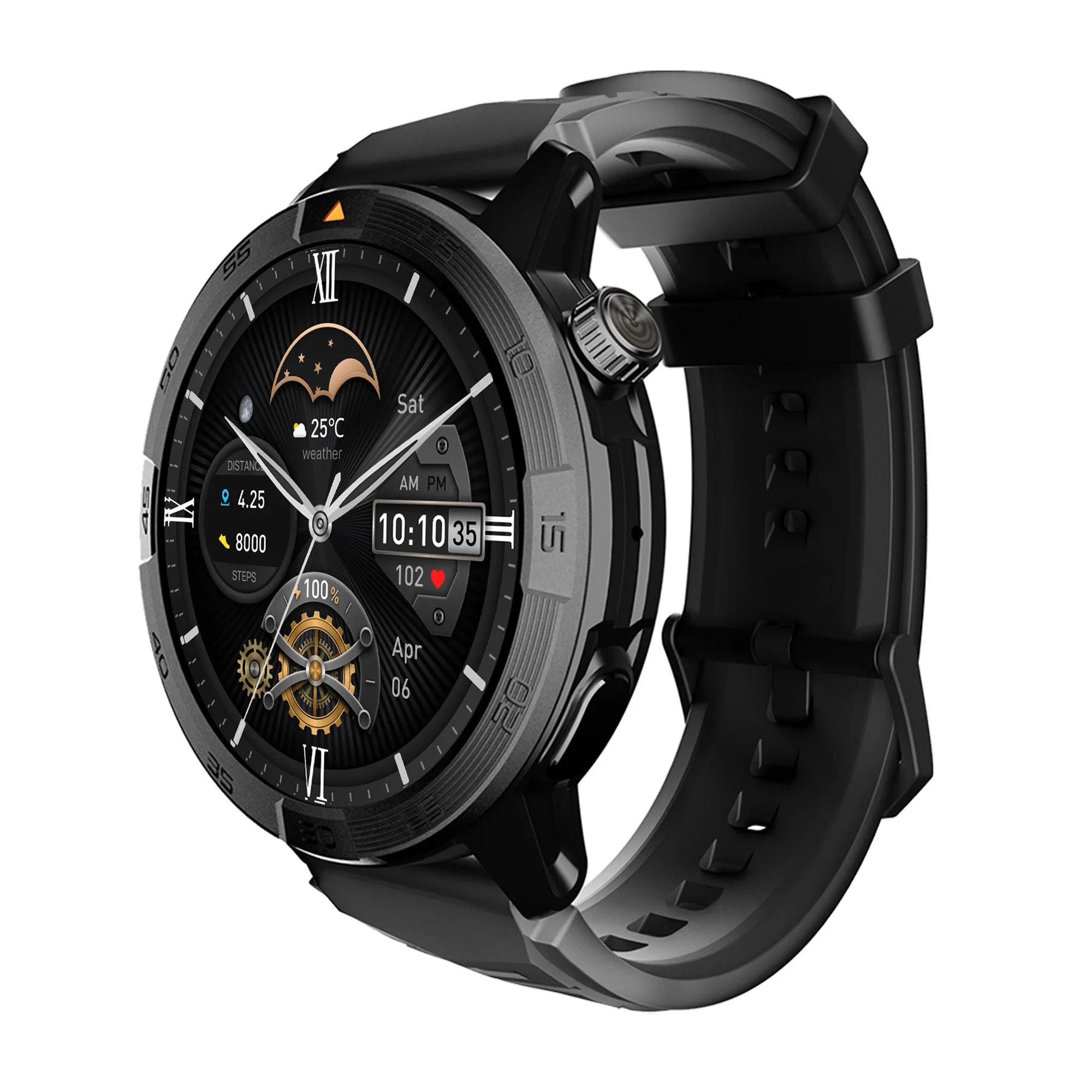 L'AGM Montre GPS Legion Pro est dotée d'un écran rond AMOLED de 1,43 pouce affichant l'heure, la date, la météo, le nombre de pas et la fréquence cardiaque. Elle est dotée d'un bracelet noir, d'une lunette métallique et est étanche 5ATM/IP68 pour un style moderne.