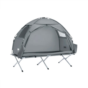 Le SoBuy Lit de camp hybride avec tente 3 en 1 pour 1 personne "OGS32-II" comprend une tente en polyester vert, des pieds en aluminium, une fenêtre latérale, une moustiquaire et une pochette de rangement.