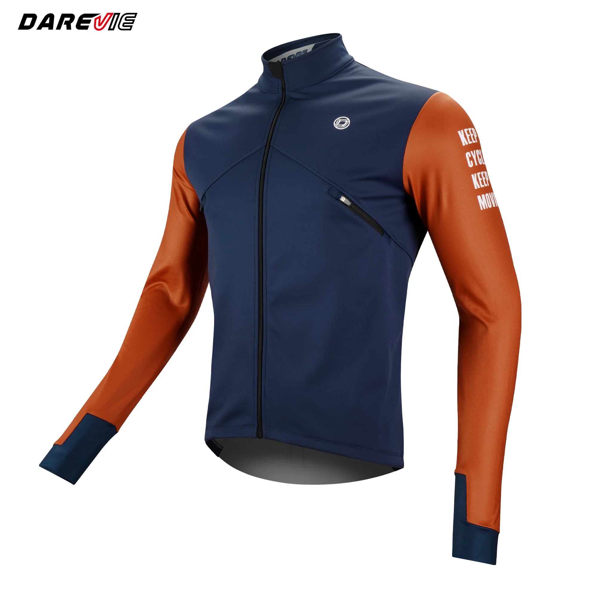 Trois vestes DAREVIE "Veste de cyclisme & coupe-vent polaire manches longues pour homme DVJ330" de différentes couleurs sont présentées, avec un graphique enflammé sur une manche illustrant la chaleur et la rétention de la chaleur de la conception.