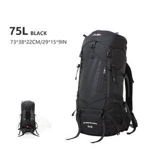 Le BISINNA Sac à dos de trekking 70L (B042), 1,58 kg avec housse de pluie, comporte de multiples compartiments, des poches latérales en filet, des bretelles réglables et une poche frontale zippée.