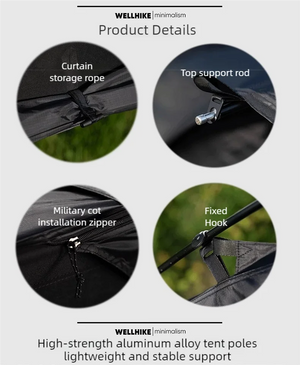 A Lit de camp 2 en 1 avec tente simple-paroi "Wellhike Minimalism - Yunchi SWS" de Wellhike Minimalism est installé sur l'herbe, avec des tables pliantes à proximité. Le texte "WELLHIKE minimalism" apparaît en bas de l'image.