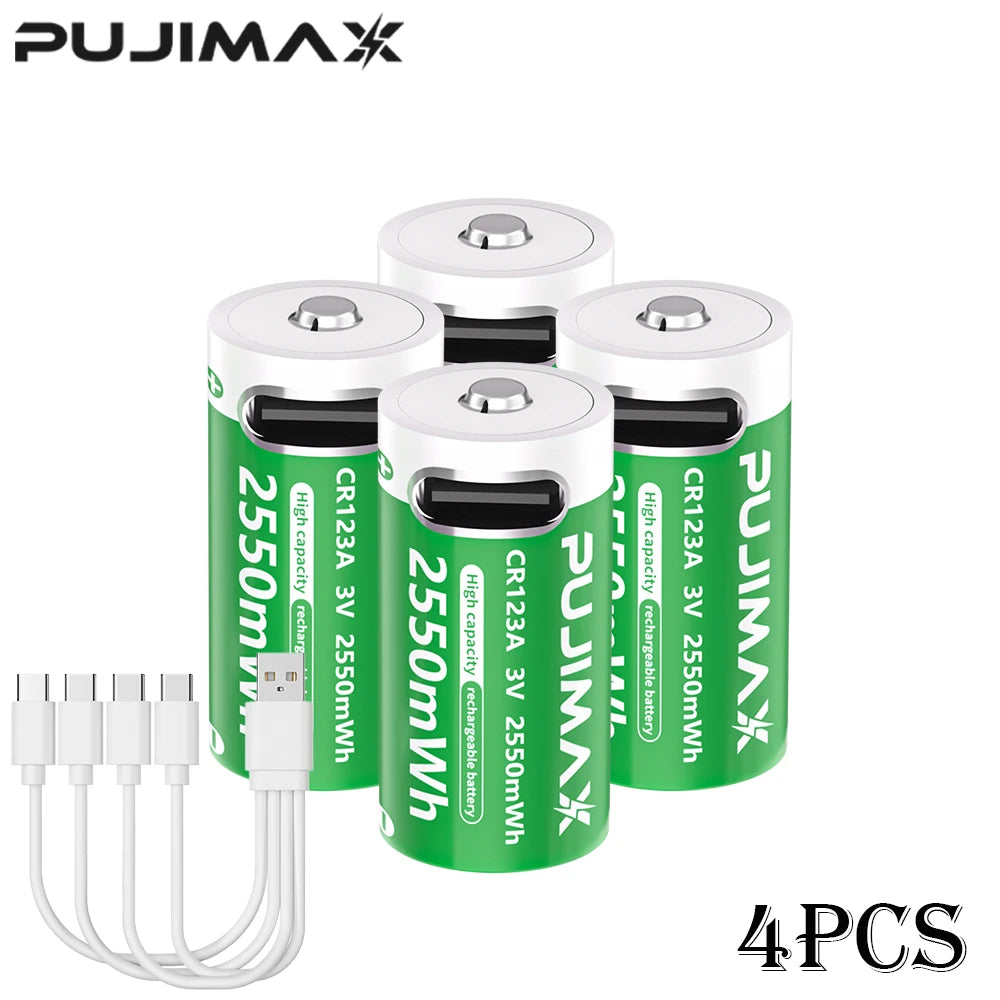 Lot de 4 piles PUJIMAX CR123A au lithium-ion polymère 3 V, 2 550 mAh, avec câble USB-C, idéal pour les équipements de plein air.