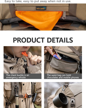 Le BISINNA Sac à dos de trekking 70L (B042), 1,58 kg avec housse de pluie, comporte de multiples compartiments, des poches latérales en filet, des bretelles réglables et une poche frontale zippée.