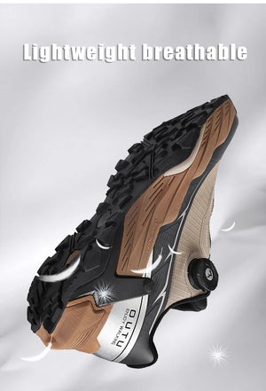 La CHRLCK "CHRLCK - KC-trail" est une chaussure de randonnée imperméable beige et noire pour homme, avec une fermeture à cadran, des lacets noirs et une robuste semelle marron. Chaussures respirantes et imperméables, idéales pour toutes vos aventures.