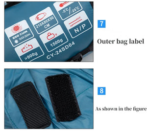 Gros plan sur l’étiquette « JUNGLE KING CY24SD04 » et les bandes Velcro du sac de couchage en duvet 650FP bleu, spécialement conçu pour la randonnée.