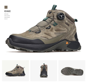 Le modèle Humtto "HUMTTO - HT-240351A" chaussures de randonnée mid-top pour homme, doté d'une protection contre les éclaboussures et d'une semelle robuste, est présenté incliné vers la droite sur un fond blanc.