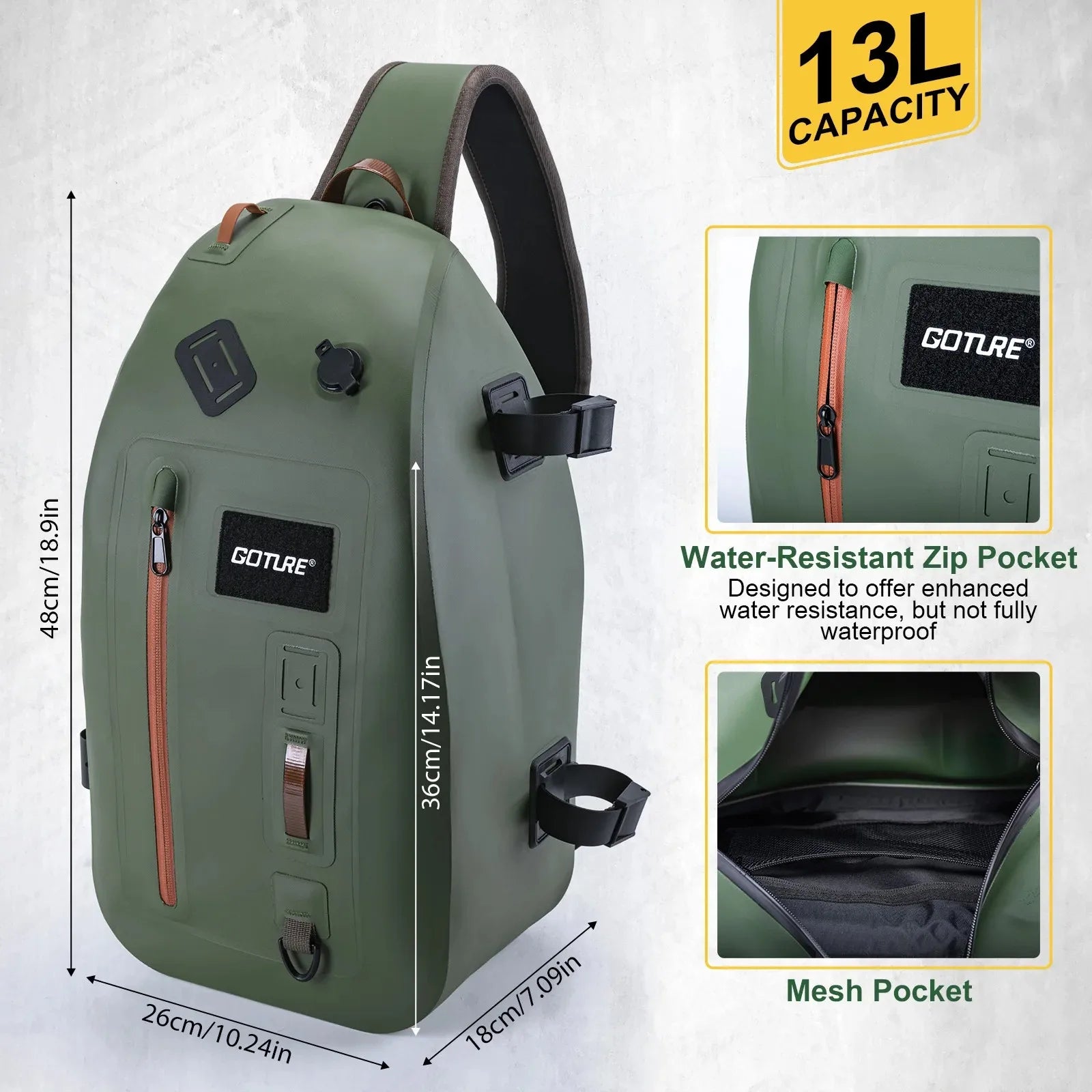 Le sac multifonction étanche IPX8 Goture - E11867 (13L) pour observation et pêche, doté de plusieurs compartiments, porte-gobelet, filet de pêche intégré, illustré sous divers angles avec silhouette pour référence.