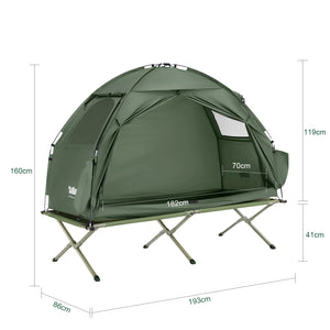 Le SoBuy Lit de camp hybride avec tente 3 en 1 pour 1 personne "OGS32-II" comprend une tente en polyester vert, des pieds en aluminium, une fenêtre latérale, une moustiquaire et une pochette de rangement.