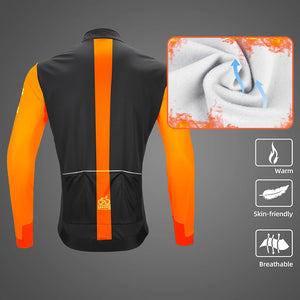 Trois vestes DAREVIE "Veste de cyclisme & coupe-vent polaire manches longues pour homme DVJ330" de différentes couleurs sont présentées, avec un graphique enflammé sur une manche illustrant la chaleur et la rétention de la chaleur de la conception.