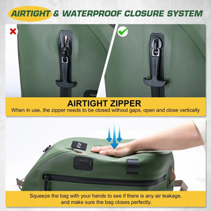 Le sac multifonction étanche IPX8 Goture - E11867 (13L) pour observation et pêche, doté de plusieurs compartiments, porte-gobelet, filet de pêche intégré, illustré sous divers angles avec silhouette pour référence.