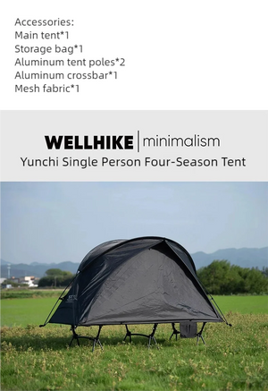 A Lit de camp 2 en 1 avec tente simple-paroi "Wellhike Minimalism - Yunchi SWS" de Wellhike Minimalism est installé sur l'herbe, avec des tables pliantes à proximité. Le texte "WELLHIKE minimalism" apparaît en bas de l'image.