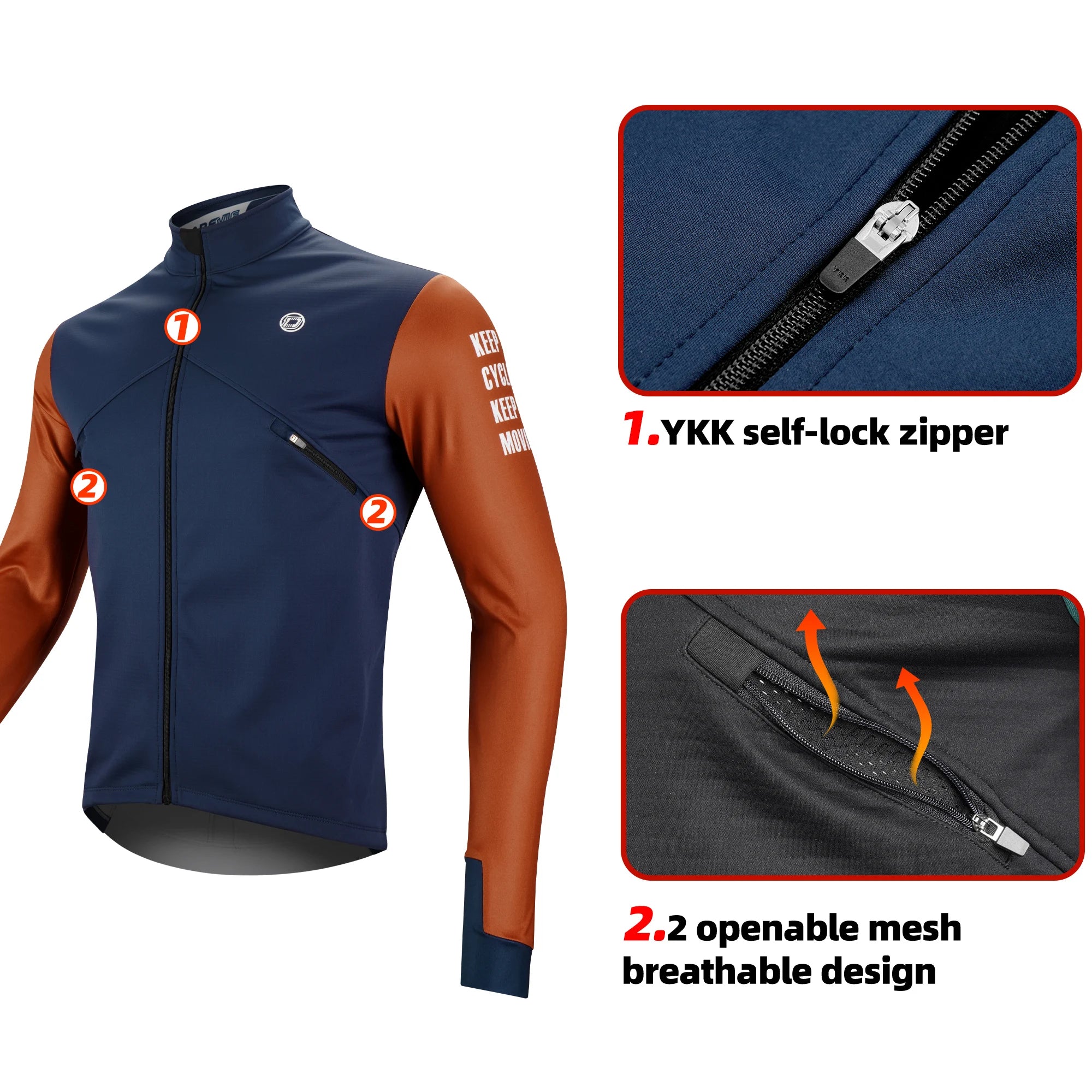 Trois vestes DAREVIE "Veste de cyclisme & coupe-vent polaire manches longues pour homme DVJ330" de différentes couleurs sont présentées, avec un graphique enflammé sur une manche illustrant la chaleur et la rétention de la chaleur de la conception.