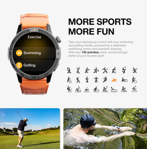 L'AGM Montre GPS Legion Pro est dotée d'un écran rond AMOLED de 1,43 pouce affichant l'heure, la date, la météo, le nombre de pas et la fréquence cardiaque. Elle est dotée d'un bracelet noir, d'une lunette métallique et est étanche 5ATM/IP68 pour un style moderne.