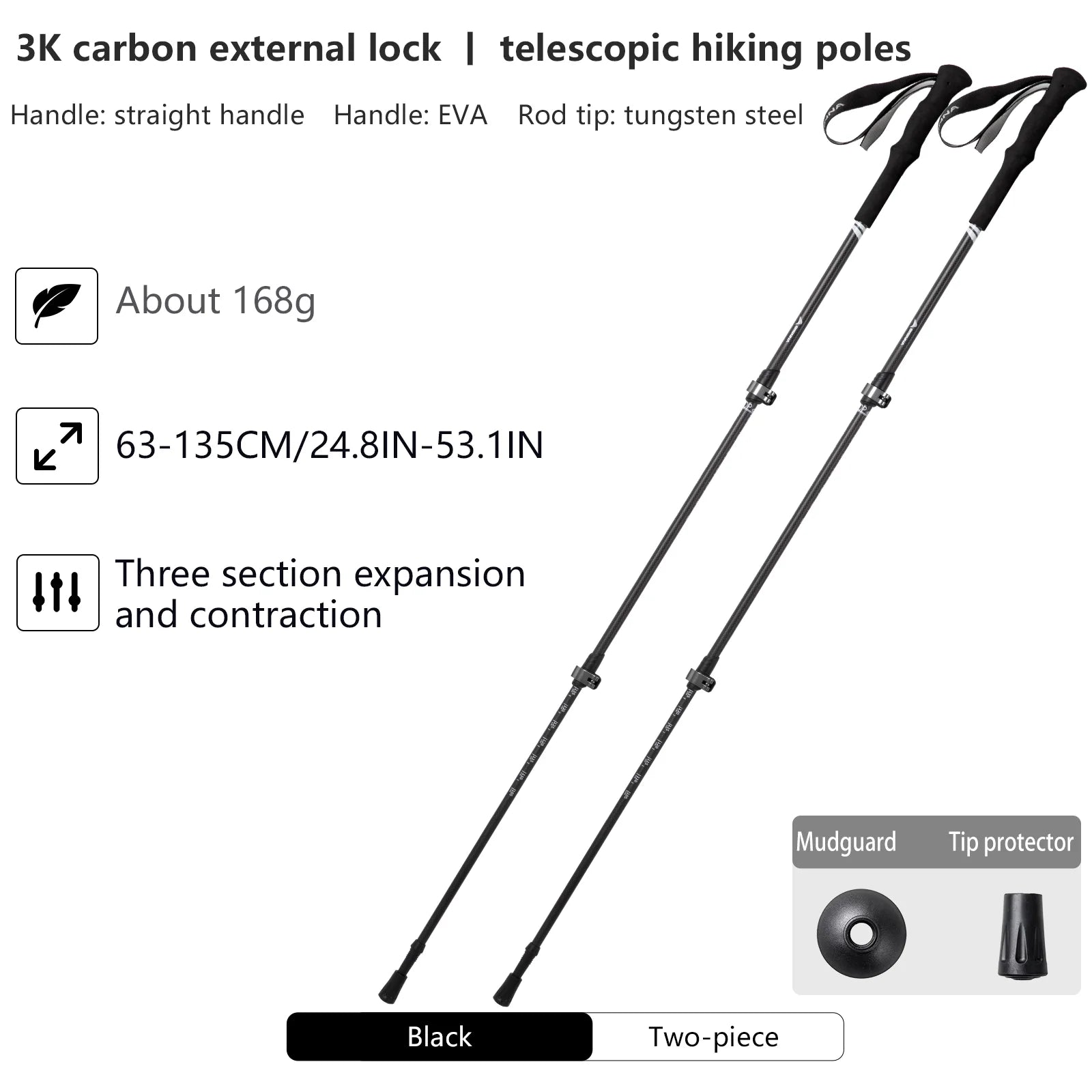 Lot de 2 bâtons de randonnée 3 sections 100% fibres de carbone ultra-léger 335g la paire "BISINNA - DL023"