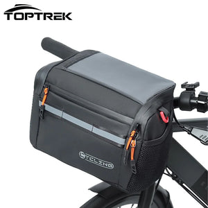 Sacoche de guidon isotherme pour vélo 4 L Toptrek, noire et grise, avec poches, tirettes orange, bande réfléchissante et fixation pour vélo.