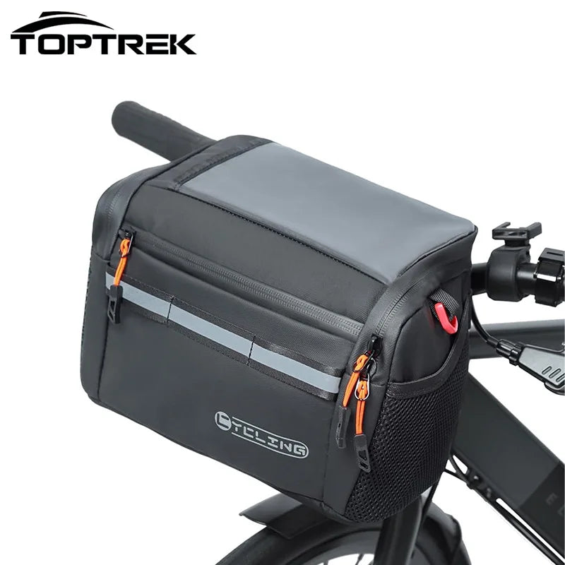Sacoche de guidon isotherme pour vélo 4 L Toptrek, noire et grise, avec poches, tirettes orange, bande réfléchissante et fixation pour vélo.