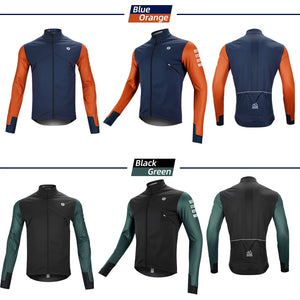 Trois vestes DAREVIE "Veste de cyclisme & coupe-vent polaire manches longues pour homme DVJ330" de différentes couleurs sont présentées, avec un graphique enflammé sur une manche illustrant la chaleur et la rétention de la chaleur de la conception.