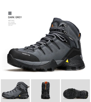 A single Humtto Chaussure de randonnée high-top "HT-250290A", vert et noir, en cuir véritable, avec lacets noirs et semelle antidérapante splash-proof, est présentée en vue latérale.