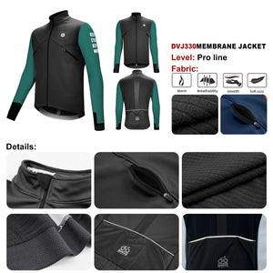 Trois vestes DAREVIE "Veste de cyclisme & coupe-vent polaire manches longues pour homme DVJ330" de différentes couleurs sont présentées, avec un graphique enflammé sur une manche illustrant la chaleur et la rétention de la chaleur de la conception.