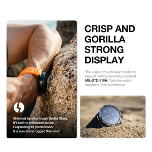 L'AGM Montre GPS Legion Pro est dotée d'un écran rond AMOLED de 1,43 pouce affichant l'heure, la date, la météo, le nombre de pas et la fréquence cardiaque. Elle est dotée d'un bracelet noir, d'une lunette métallique et est étanche 5ATM/IP68 pour un style moderne.