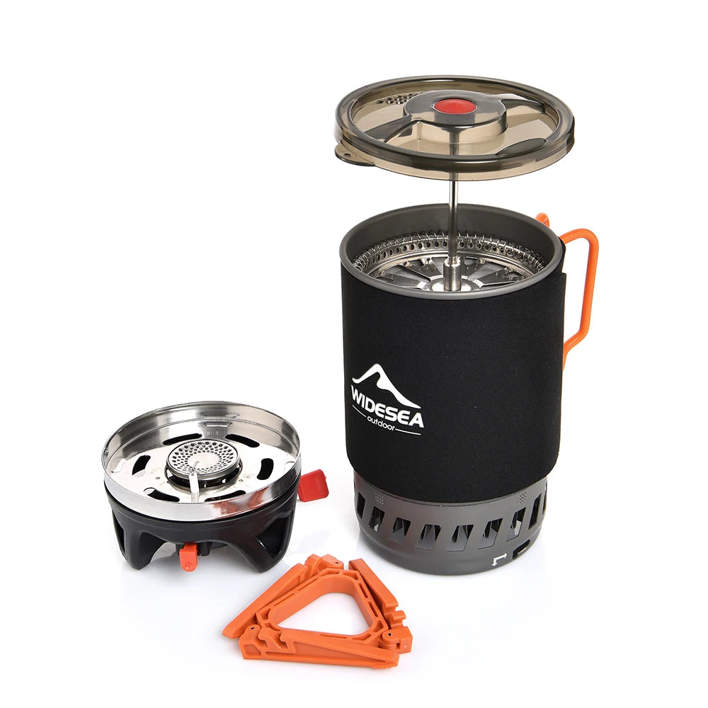 Widesea – ensemble de cafetière de Camping Portable, presse française, cafetière 0,9 l, cuisinière à gaz 1100BTU avec couvercle Anti-brûlure pour l'extérieur Planète Rando