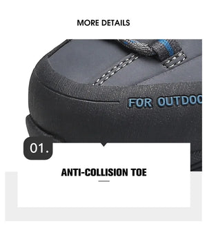 Humtto "HT-240783A" chaussures de randonnée high-top 100% imperméables pour homme, avec semelle robuste, empiècements en mesh et bout renforcé, exposées sur fond blanc. Logo Humtto en haut à gauche.