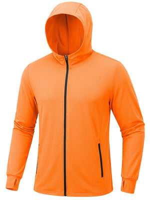 Veste de protection solaire UPF 50+ pour homme « Planète Rando », orange vif, fermeture éclair sur toute la longueur et deux poches noires, fond blanc.