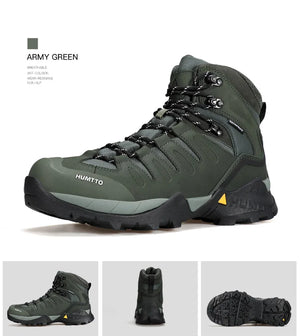 A single Humtto Chaussure de randonnée high-top "HT-250290A", vert et noir, en cuir véritable, avec lacets noirs et semelle antidérapante splash-proof, est présentée en vue latérale.