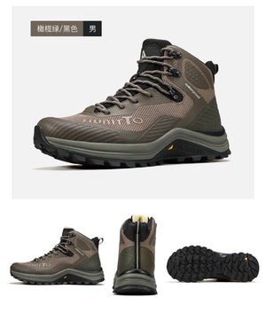 Les HUMTTO - HT-250460A chaussures de randonnée mid-top pour homme offrent une technologie Static Waterproof, avec tige mesh et synthétique, semelle robuste - bottines alpinisme marron/vert conçues pour confort et durabilité sur tous les sentiers.