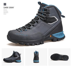 Humtto "HT-240783A" chaussures de randonnée high-top 100% imperméables pour homme, avec semelle robuste, empiècements en mesh et bout renforcé, exposées sur fond blanc. Logo Humtto en haut à gauche.