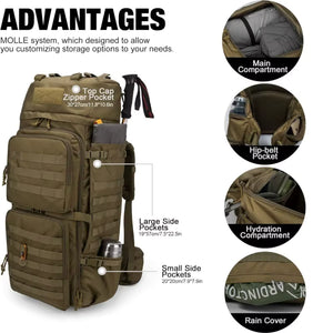 Sac à dos tactique Spanker Excellente Elite de 75 L en polyester 900D, multiples poches, système MOLLE, housse de pluie, idéal pour la randonnée.