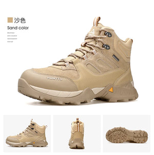 Les bottines tactiques 100% imperméables Humtto - HT-240760A pour homme, marron et noires, avec semelle robuste, tige en mesh et suède, et fermeture à lacets, sont idéales pour ceux recherchant des chaussures imperméables.